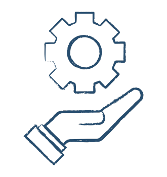 Icono lineal de mano sosteniendo un engranaje, representando servicio técnico, soporte y mantenimiento para equipos marinos