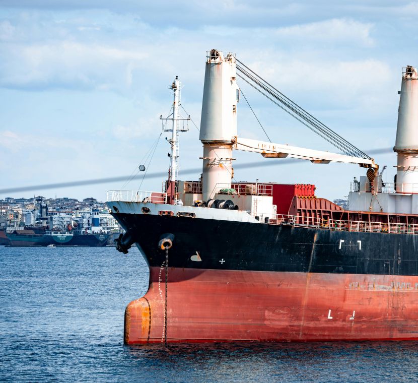 Buque de carga con casco rojo y superestructura blanca fondeado en el puerto, con grúas y equipos de manipulación de mercancías a bordo, y una ciudad costera visible al fondo sobre el horizonte marino.