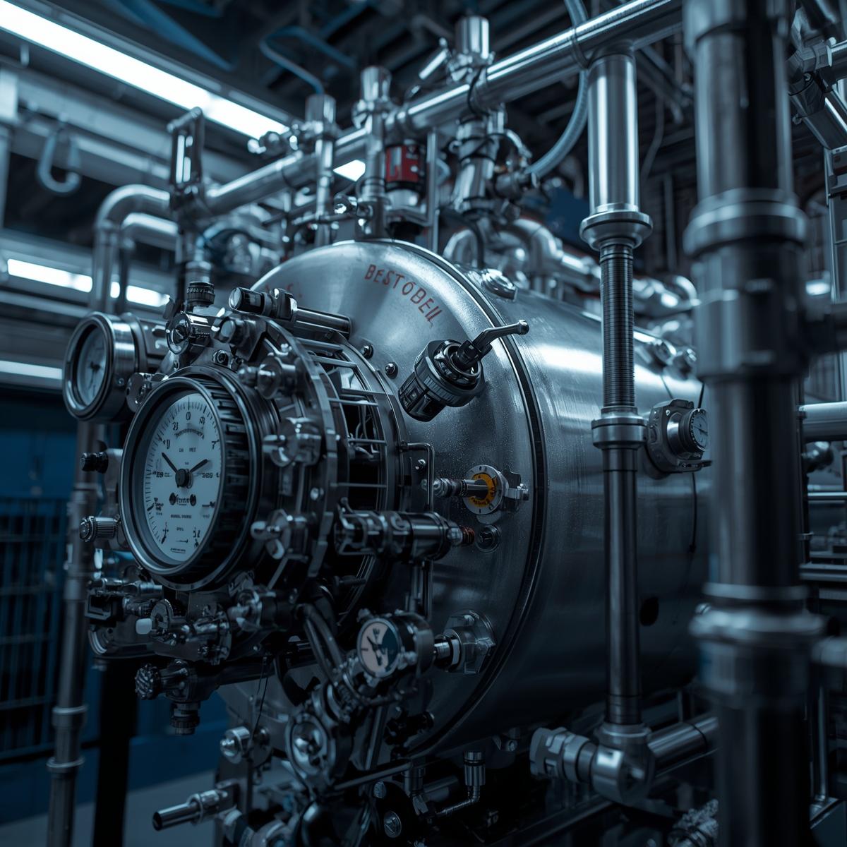 Detalle de equipo criogénico industrial con cámara de presión, manómetro y tuberías de acero inoxidable, ilustrando servicios de mantenimiento y reparación de válvulas criogénicas